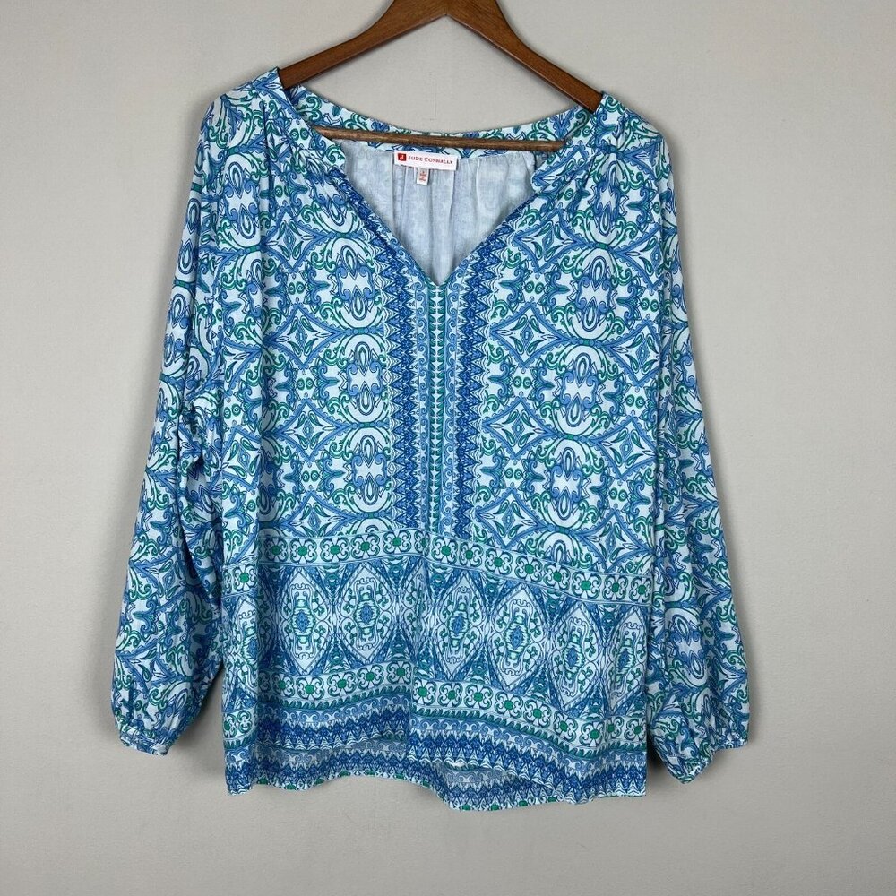 Jude Connally Tunic Top Womens Large Blue Long Sleeve V-Neck Beachy Coastal L‎